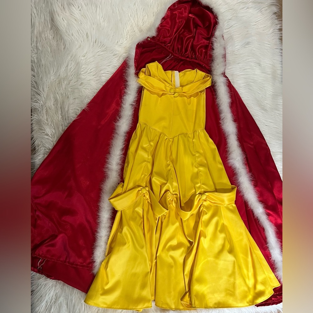 Girls sz 9/10 Belle taffeta dress and red cloak Beauty Beast halloween costume